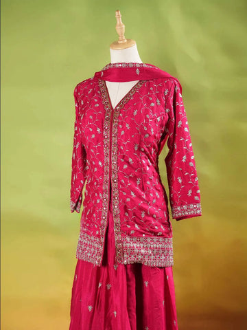 Dark Pink Palazzo Suit Adorned with Floral Embroidery, With Dupatta and 3/4 Sleeve - Diadem