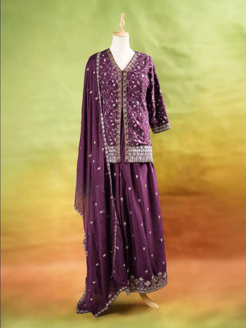 Purple Palazzo Suit Adorned with Floral and Sequin Embroidery, With Dupatta and 3/4 Sleeve - Diadem