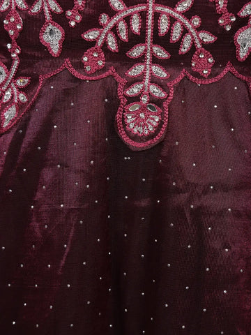 Maroon Floral Embroidered Organza Gown - Diadem