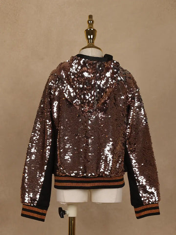 Black with Bronze Sequins Embellished Hoodie Jacket - Diadem