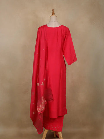 Bright Red Floral Embroidered Silk Cotton Salwar Suit - Diadem