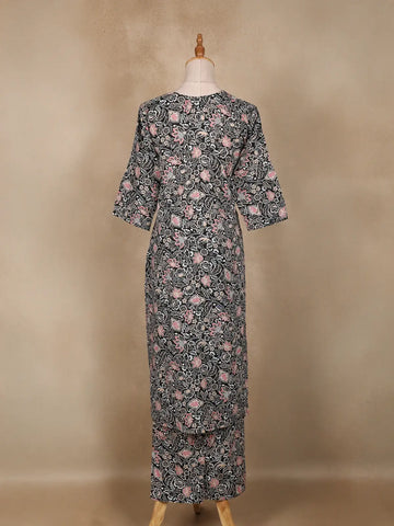 Black Floral Designed Cotton Salwar Suit - Diadem