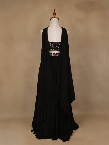 Black Floral Embroidered Satin Lehenga - Diadem