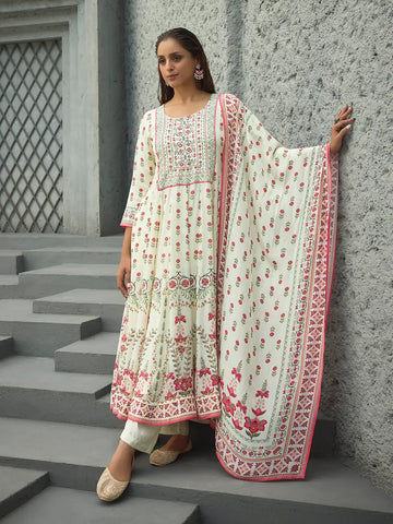 White Floral Printed Synthetic Salwar Suit - Diadem