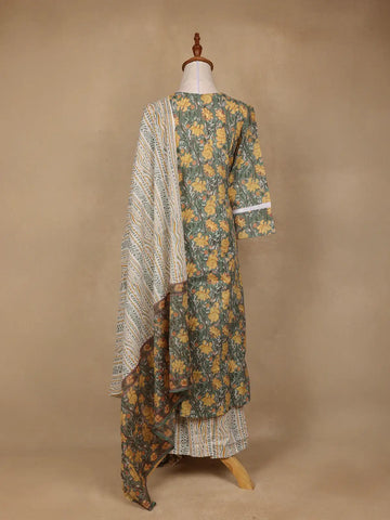 Green Floral Design Printed Cotton Salwar Suit - Diadem
