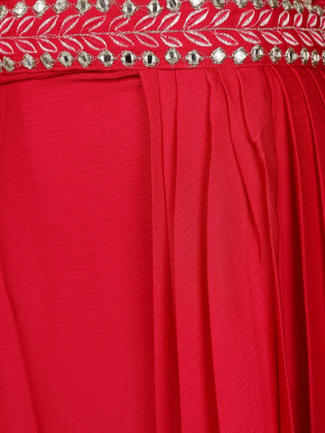 Vibrant Red Sequin Embellished Georgette Crop Top with Draped Skirt - Diadem