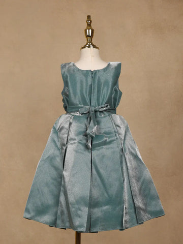 Teal Green Metallic Shine Party Frock with Oversized Glitter Floral Embellishment - Diadem