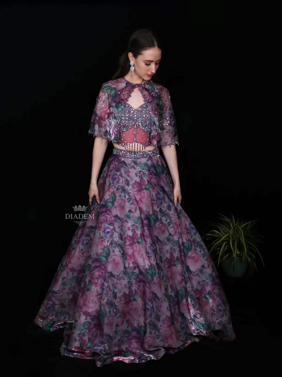 Lavender Floral printed Organza Party Wear Lehenga - Diadem