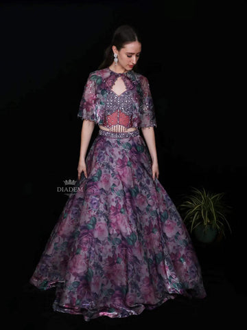 Lavender Floral printed Organza Party Wear Lehenga - Diadem
