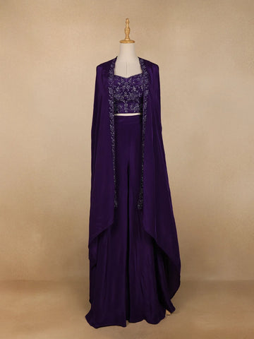 Purple Crepe Floral Embroidery Palazzo Suit - Diadem