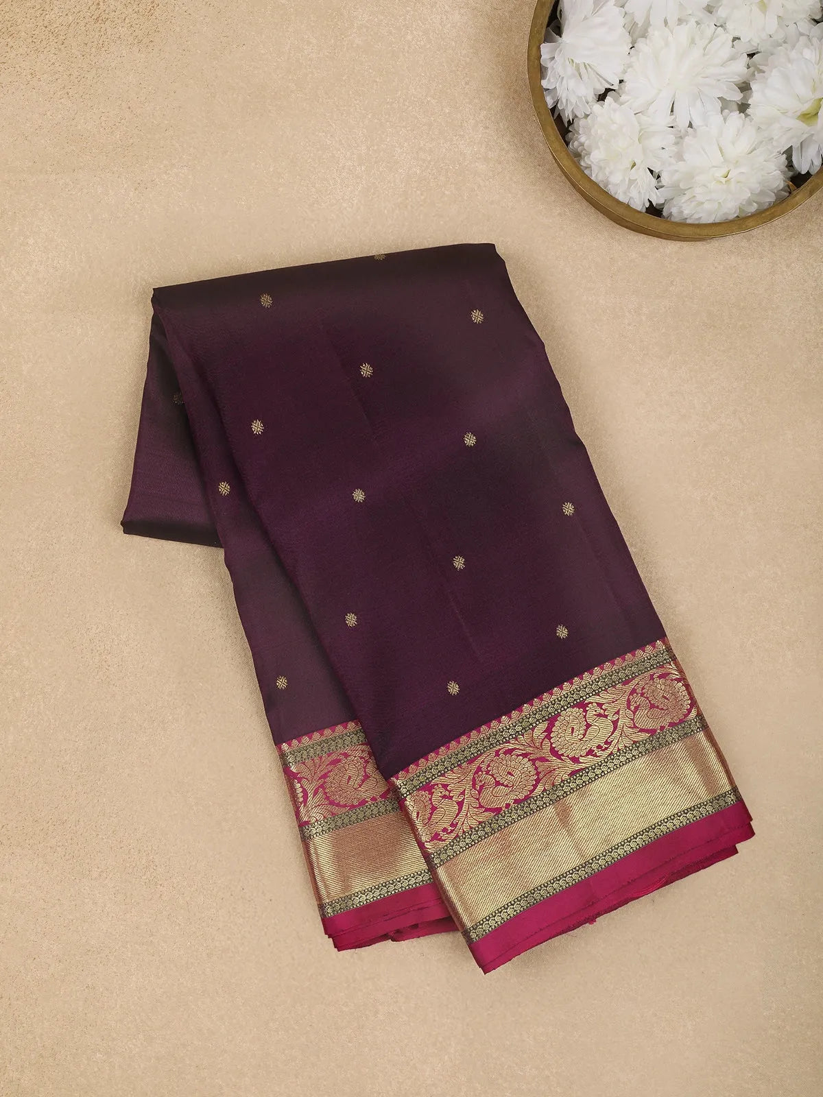 Dark Purple Floral Woven Pure Kanchipuram Silk Saree - Diadem