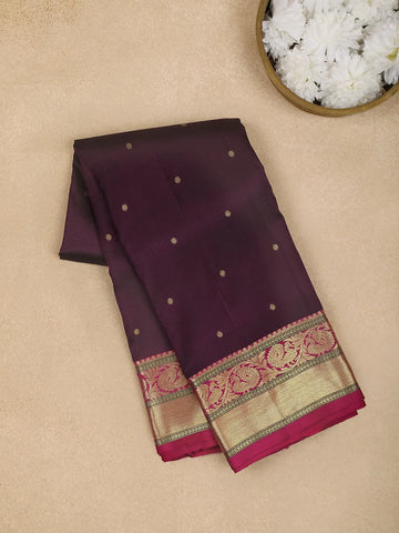 Dark Purple Floral Woven Pure Kanchipuram Silk Saree - Diadem