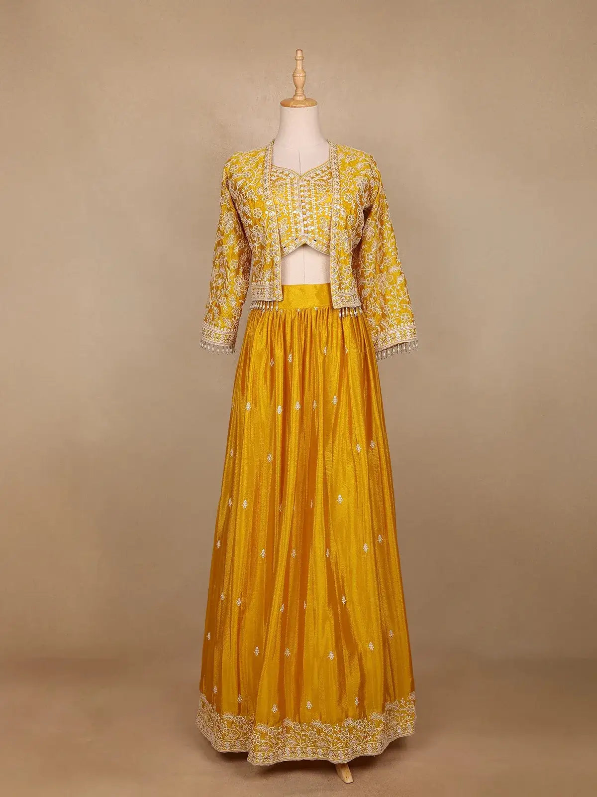 Yellow Floral Embroidered Semi Silk Bridesmaid Lehenga - Diadem