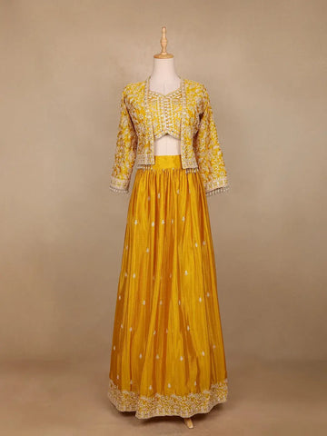 Yellow Floral Embroidered Semi Silk Bridesmaid Lehenga - Diadem