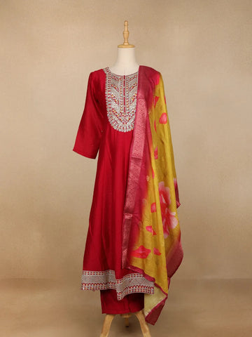 Red Floral Embroidery Crepe Straight cut Salwar Suit - Diadem