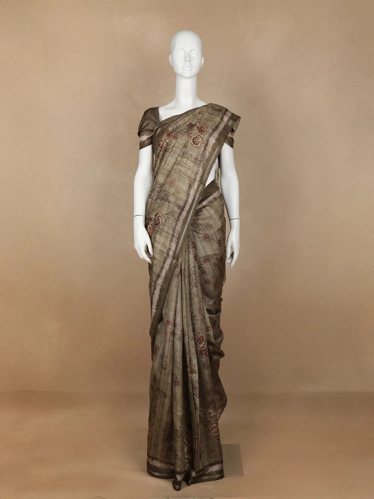 Taupe Brown Abstract Designed Semi Tussar Silk Saree - Diadem
