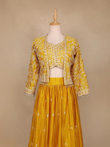 Yellow Floral Embroidered Semi Silk Bridesmaid Lehenga - Diadem
