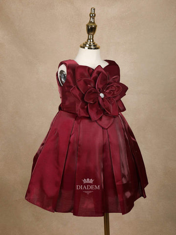 Dark Red 3D Floral Designed Party Gown for Girls - Diadem