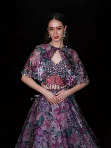 Lavender Floral printed Organza Party Wear Lehenga - Diadem