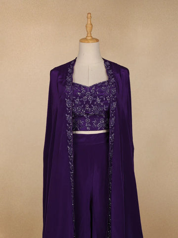 Purple Crepe Floral Embroidery Palazzo Suit - Diadem