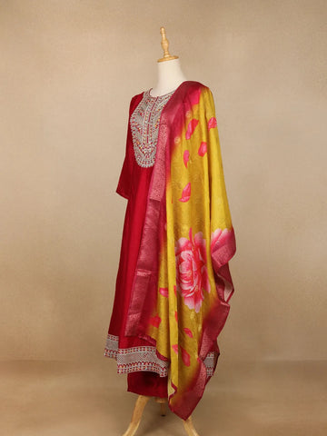 Red Floral Embroidery Crepe Straight cut Salwar Suit - Diadem