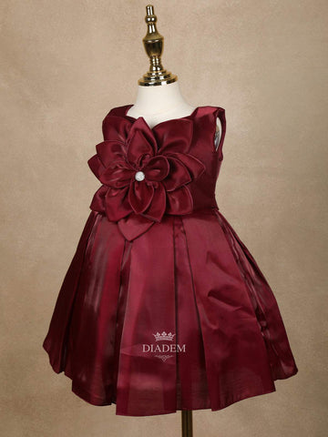 Dark Red 3D Floral Designed Party Gown for Girls - Diadem