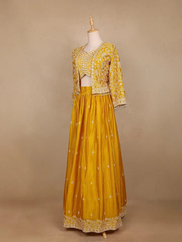 Yellow Floral Embroidered Semi Silk Bridesmaid Lehenga - Diadem