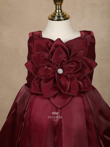 Dark Red 3D Floral Designed Party Gown for Girls - Diadem