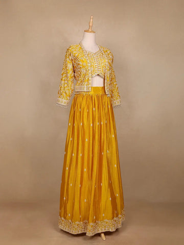 Yellow Floral Embroidered Semi Silk Bridesmaid Lehenga - Diadem
