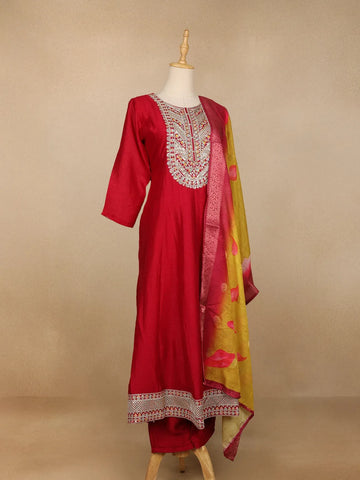 Red Floral Embroidery Crepe Straight cut Salwar Suit - Diadem