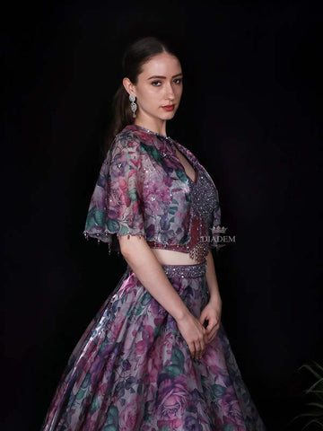 Lavender Floral printed Organza Party Wear Lehenga - Diadem