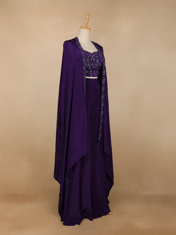 Purple Crepe Floral Embroidery Palazzo Suit - Diadem