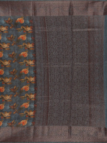 Teal Blue Floral Designed Chanderi Cotton Saree - Diadem