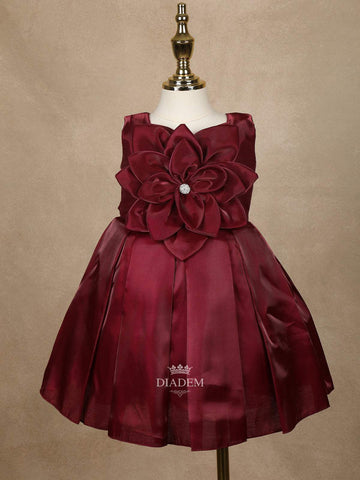 Dark Red 3D Floral Designed Party Gown for Girls - Diadem