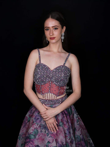 Lavender Floral printed Organza Party Wear Lehenga - Diadem