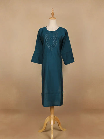 Peacock Blue Floral Design Cotton Kurti - Diadem