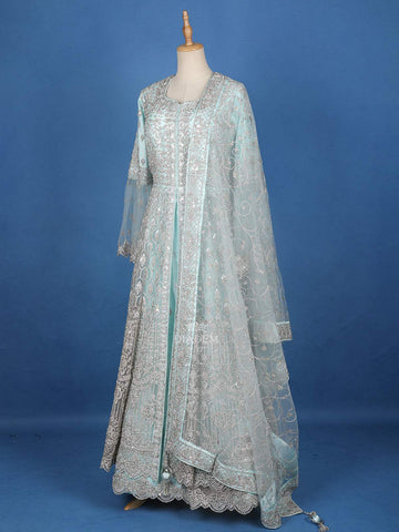 Aqua Blue Designer Net Wedding Bridal Lehenga with Floral Embroidery - Diadem