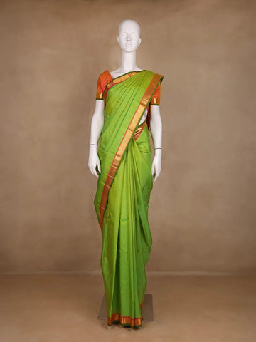 Parrot Green Solid Zari Border Kanchipuram Silk Saree - Diadem