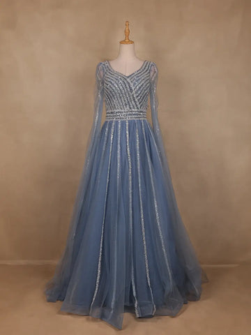 Dusty Blue Sequin Embroidered Net Party Gown with Corset Back - Diadem