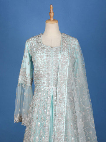 Aqua Blue Designer Net Wedding Bridal Lehenga with Floral Embroidery - Diadem