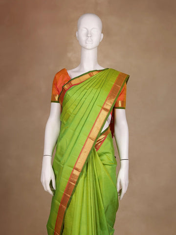 Parrot Green Solid Zari Border Kanchipuram Silk Saree - Diadem