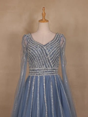 Dusty Blue Sequin Embroidered Net Party Gown with Corset Back - Diadem