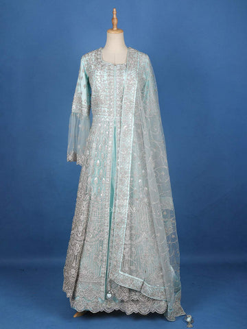 Aqua Blue Designer Net Wedding Bridal Lehenga with Floral Embroidery - Diadem