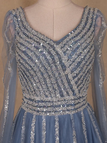 Dusty Blue Sequin Embroidered Net Party Gown with Corset Back - Diadem