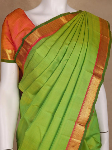 Parrot Green Solid Zari Border Kanchipuram Silk Saree - Diadem