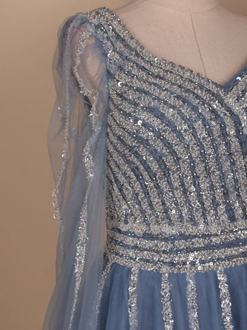 Dusty Blue Sequin Embroidered Net Party Gown with Corset Back - Diadem
