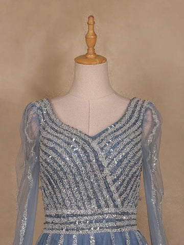 Dusty Blue Sequin Embroidered Net Party Gown with Corset Back - Diadem