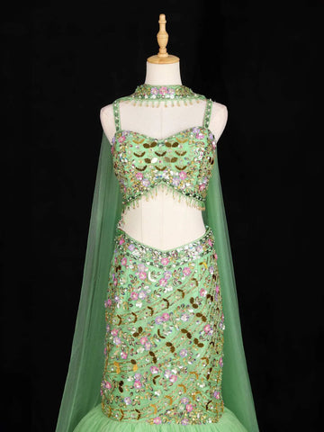 Green Mermaid Lehenga Adorned with Mirror and 3D Flower Design with Dupatta - Diadem