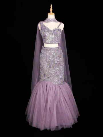 Lavender Lehenga Adorned with Floral Embroidery and Sequins Designs with Choker Dupatta - Diadem