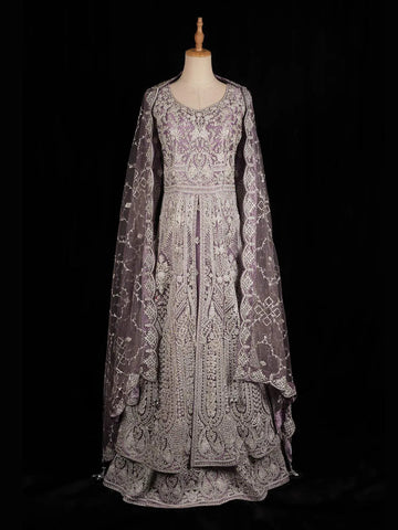 Lavender Net Layered Bridal Engagement Gown for Women Floral and Mirror Embroidery - Diadem